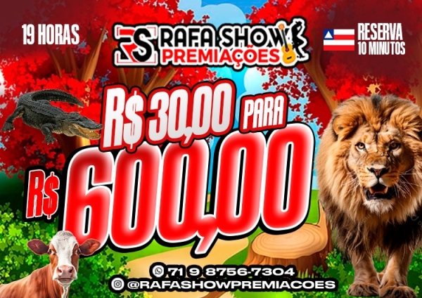 R$ 30,00 PRA R$ 600,00 20/11 19Hrs. RESERVA 10 MINUTOS 