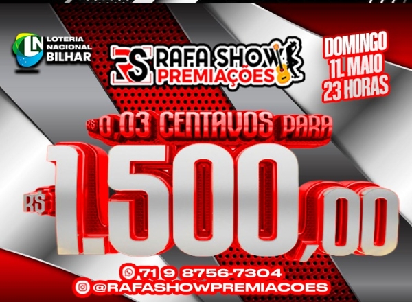 R$ 0,03 PRA R$ 1.500,00 11/05 23Hrs NA. RESERVA 10 MINUTOS 