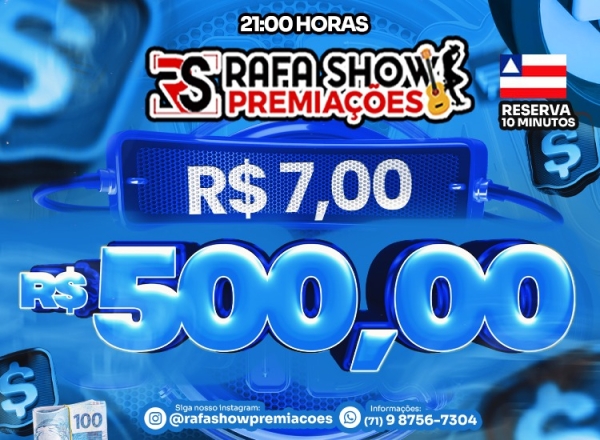 R$ 7,00 PRA R$ 500,00 14/03/26 21Hrs. RESERVA 10 MINUTOS