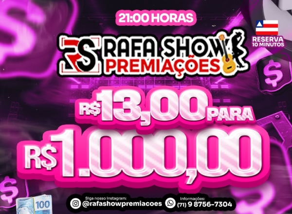 R$ 13,00 PRA R$ 1.000,00 16/04/26 21Hrs. RESERVA 10 MINUTOS 